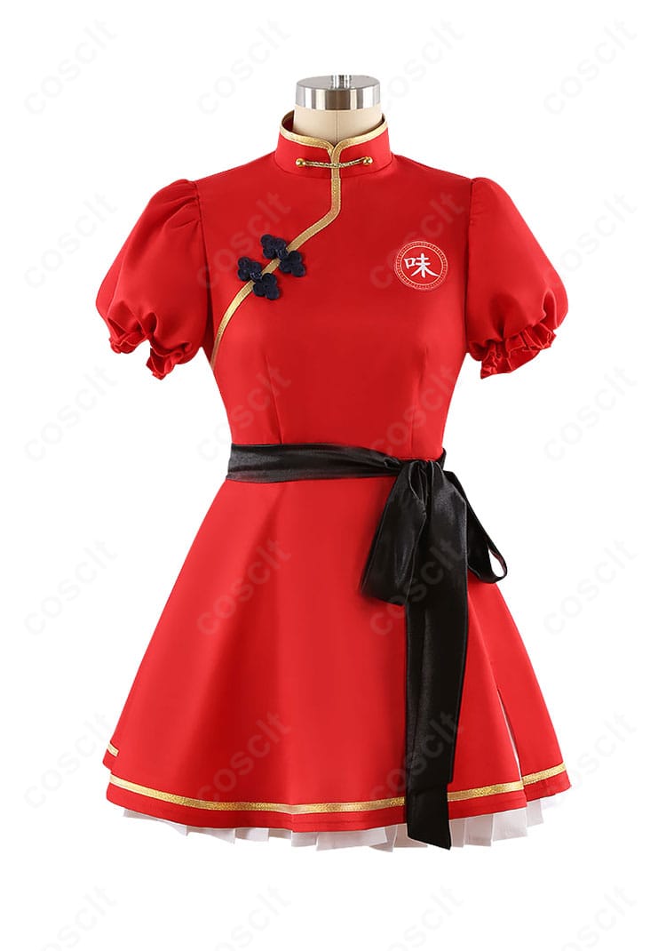 朱城ルミ 幼女バージョンのコスプレ衣装・正面アップ。ワンピースと帯のディテール