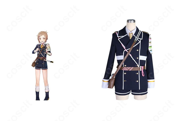 包丁藤四郎のコスプレ衣装とキャラクタービジュアルの組み合わせ。コートとショートパンツ、肩飾りまで忠実に再現した正面全身。