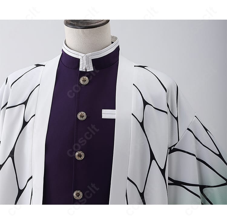 胡蝶しのぶ衣装の襟元と肩の装飾。襟の形状、肩周りのライン、羽織の重なりがわかる精緻なクローズアップ。