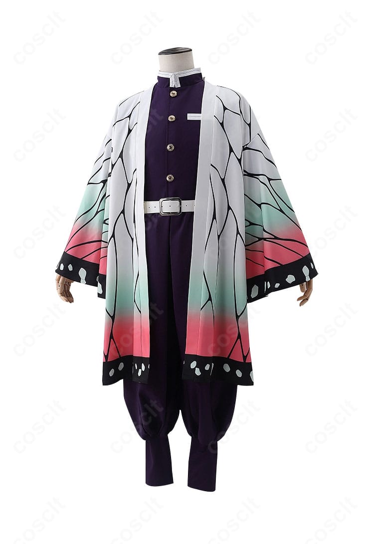 胡蝶しのぶ 隊服コスプレの正面。羽織の柄と刺繍、上着・ズボン・ベルト・巻脚絆のセット内容がわかる商品画像。