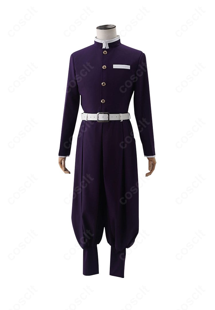 胡蝶しのぶコスプレの内搭前面ディテール。上着の前合わせと留め具の配置、ベルト位置が分かる近接画像。