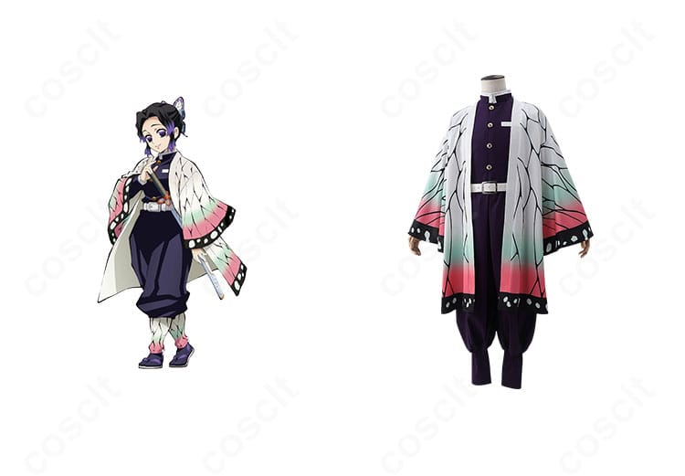 鬼滅の刃 胡蝶しのぶ（蟲柱）の隊服コスプレ一式とキャラクタービジュアルの比較。刺繍羽織と髪飾りを含む正面全体像。