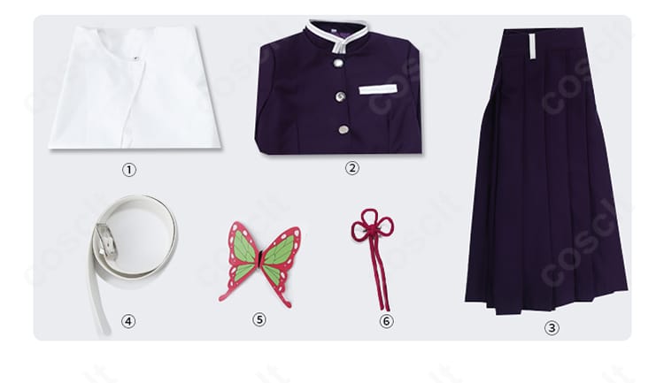 セット内容一式の平置き画像。マント、上着、スカート、ベルト、髪飾り、胸飾りが揃う6点セットであることを示す。