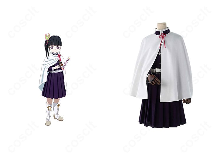 鬼滅の刃 栗花落カナヲの隊服コスプレ正面とキャラクター比較。白マントとプリーツスカートの高再現シルエットが分かる構図。