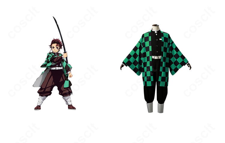 鬼滅の刃 竈門炭治郎の隊服＋市松羽織コスプレ一式の正面とキャラクター比較。配色とシルエットを忠実再現しイベント向けに最適化。