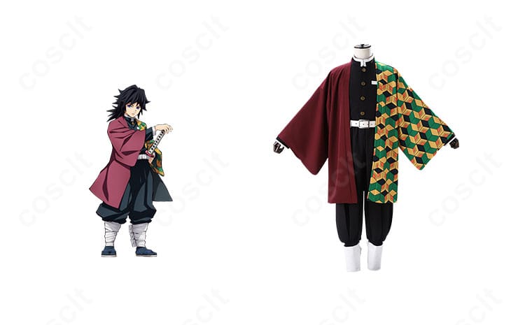 冨岡義勇のフルコーデを着用したモデル。刺繍羽織と隊服で鬼滅の刃の世界観を高再現。落ち着いた色味と端正なシルエットが映える全身画像。