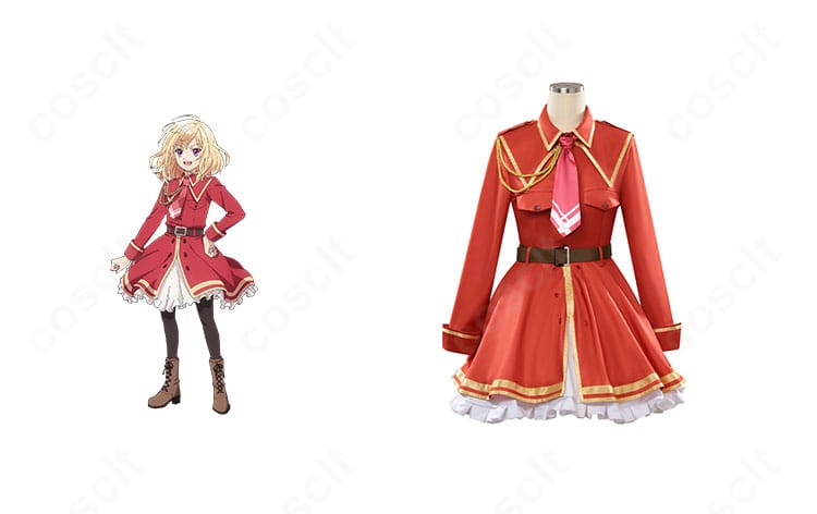 ジル・サーヴェル公式イラストと正面商品を並置した写真。上品ワンピとネクタイ・ベルトのデザインを強調。