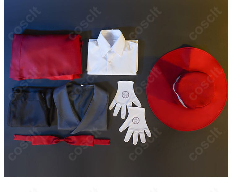 コスプレセット内容一式のレイアウト。コート、ベスト、シャツ、ズボン、リボン、帽子、手袋が整然と並ぶ画像。