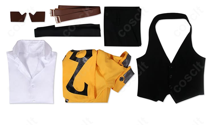 セット内容一式の平置き展示。コート、ベスト、シャツ、ズボン、ベルト、手袋、ストラップの同梱品がわかる画像