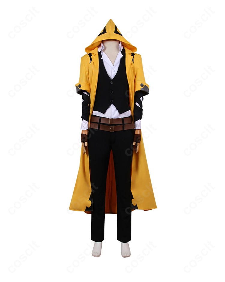 ユウキ＝テルミ コスプレ衣装の正面全身。コート・ベスト・シャツ・ズボンのラインとフィット感を強調