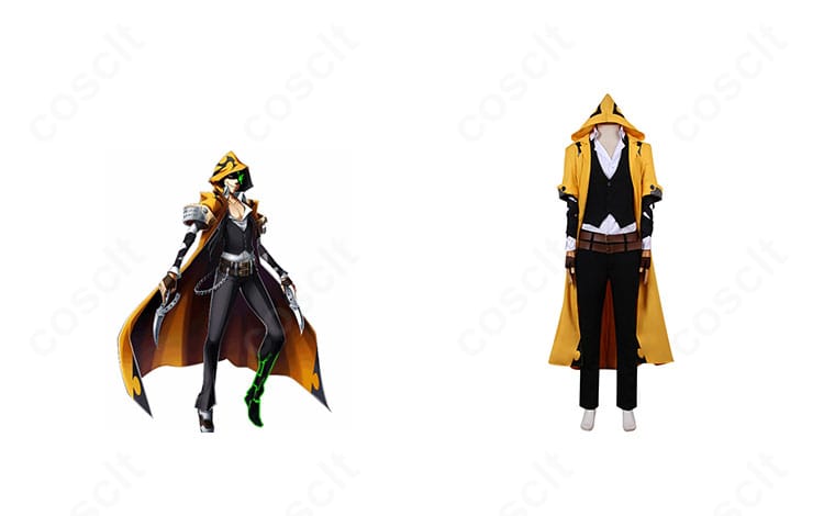 商品正面とユウキ＝テルミを並置した比較画像。ブレイブルー クロノファンタズマ版コスプレ衣装の全体シルエットがわかるカット