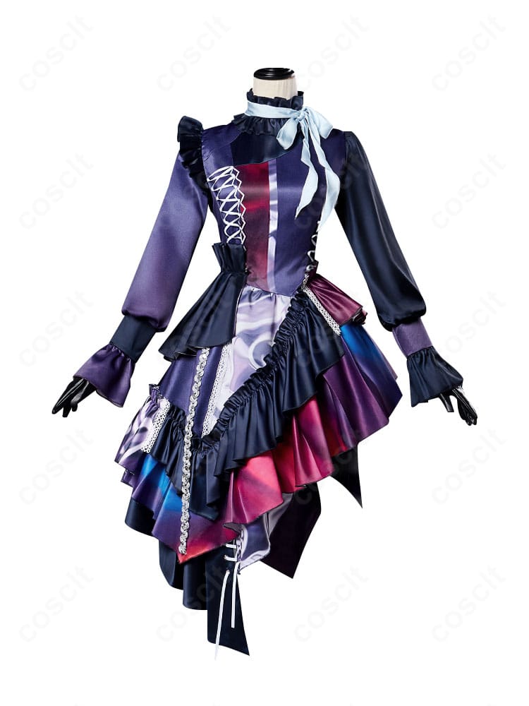 朝比奈まふゆ『turning purple』衣装の正面全体。美しいラインと装飾配置、ハリのあるシルエットを確認できる商品画像。