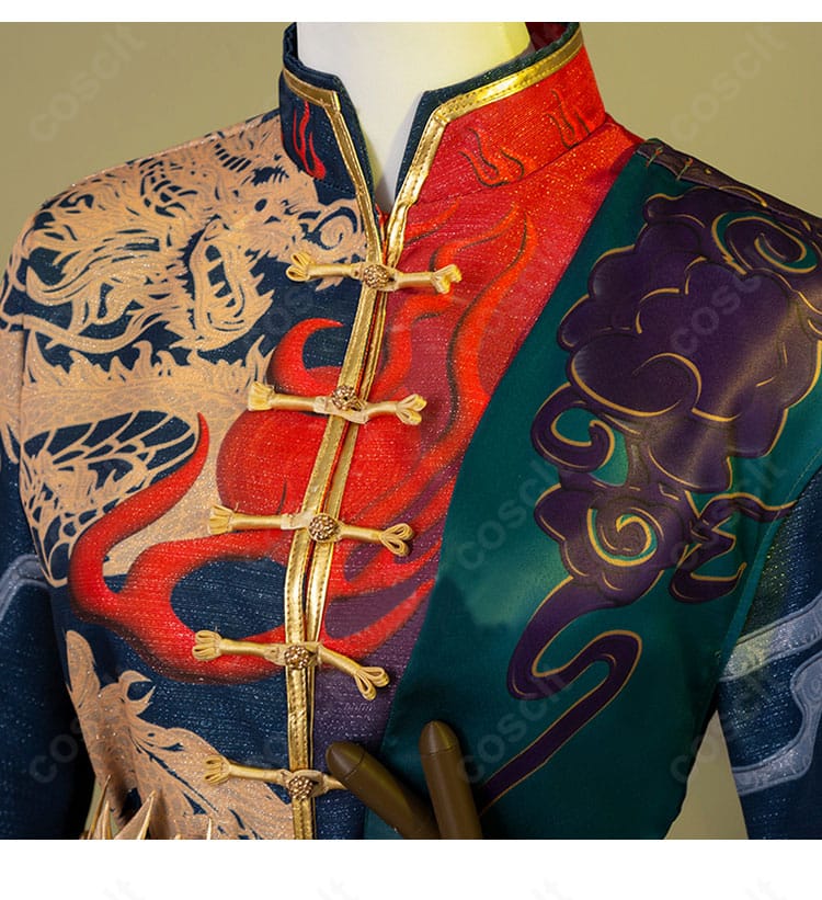 襟元の装飾ディテール。刺繍風の縁取りや配色の切り替えで祈雨珠の雰囲気を強調。