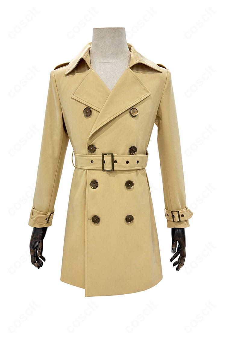 明智吾郎 冬服トレンチの正面全体。ダブルブレストの端正なラインとハリ感がわかるコスプレ衣装の詳細。