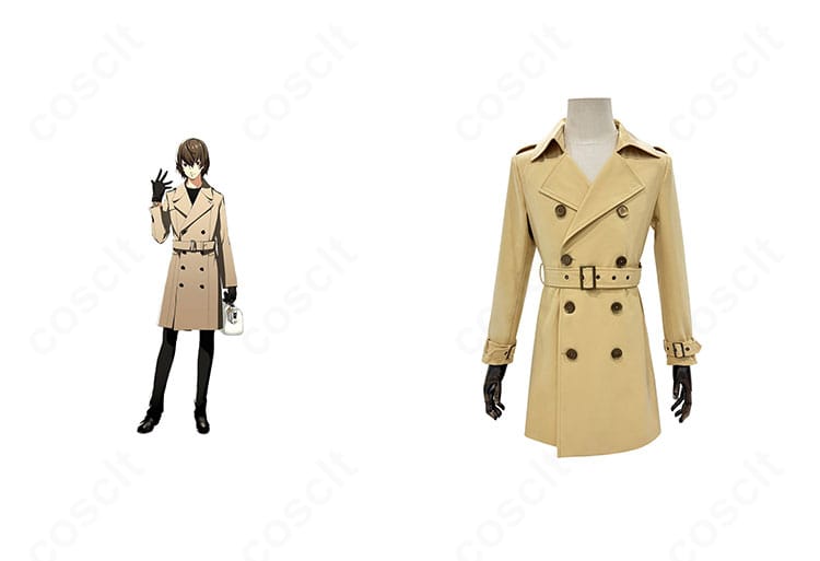 明智吾郎の冬服トレンチコート正面とキャラクター比較。ペルソナ5R公式イメージに合わせた高再現シルエットを示す商品画像。