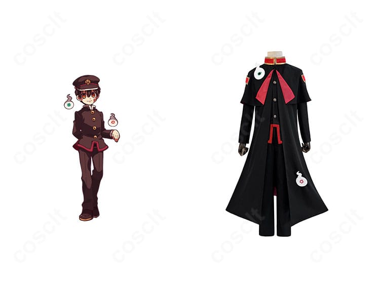 地縛少年花子くん 花子くんのコスプレ衣装とキャラクターが並ぶ正面画像。学ランとマント、帽子のシルエットが分かります。