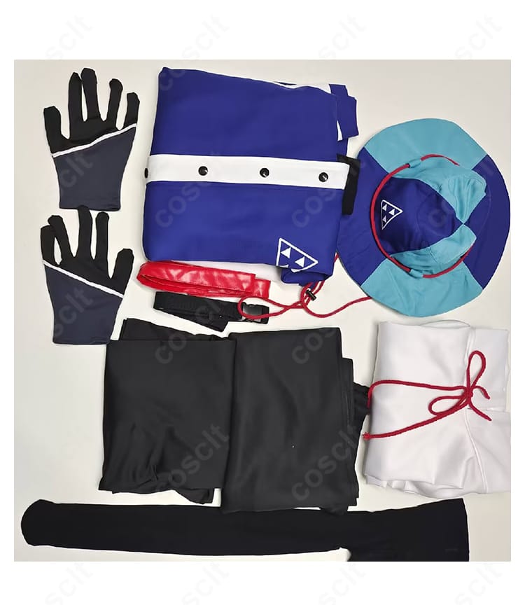 各務チヒロ キャンプ衣装のセット内容一覧。コート、パーカー、インナー、スカート、太もも飾り、タイツ、帽子手袋、ベルトの同梱物が一目で分かる画像。