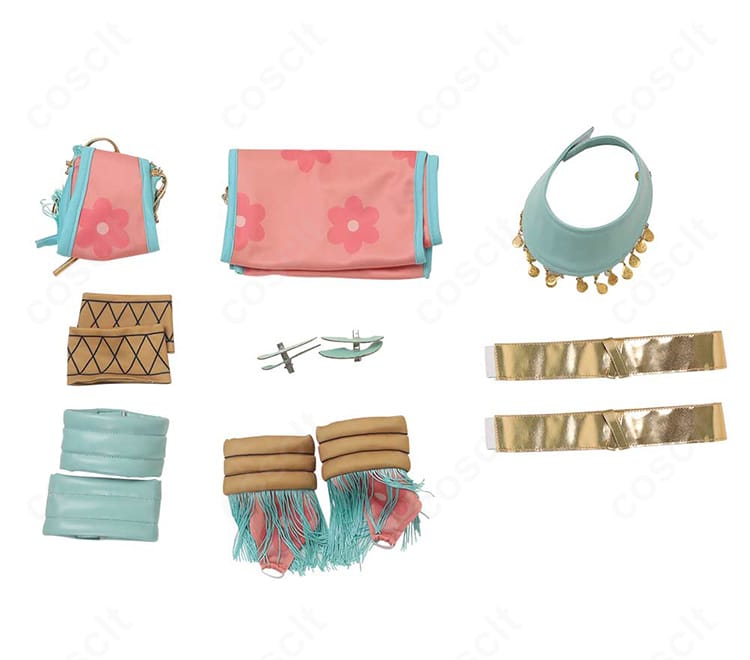 ルーシィ・ハートフィリア 踊り子衣装のセット内容一覧。トップス、スカート、腕・手首・太もも・足首飾り、首飾り、髪飾りを一望。