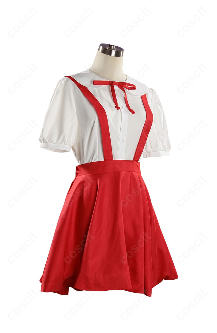 ちびまる子ちゃん さくらももこ 通学スタイルのコスプレ衣装 正面全体。白シャツと赤スカート、通学帽の高再現デザイン。