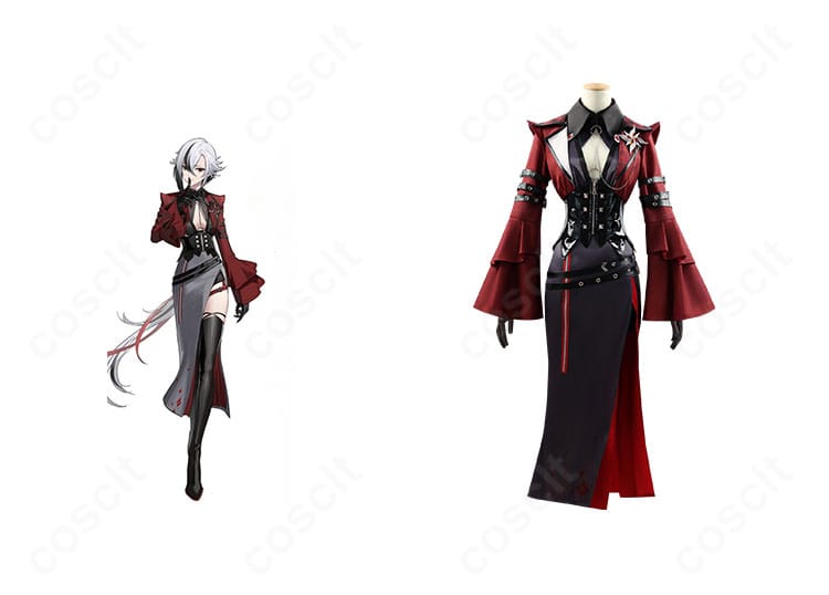 原神 アルレッキーノのコスプレ衣装とキャラクターのコラボ表示。全体の雰囲気と配色がわかる正面ビジュアル。