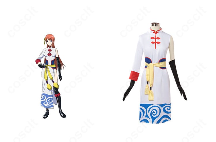 劇場版 銀魂 完結篇 神楽 5年後コスプレ衣装の正面とキャラクター比較。落ち着いた発色とシルエットで高再現を示す合成画像