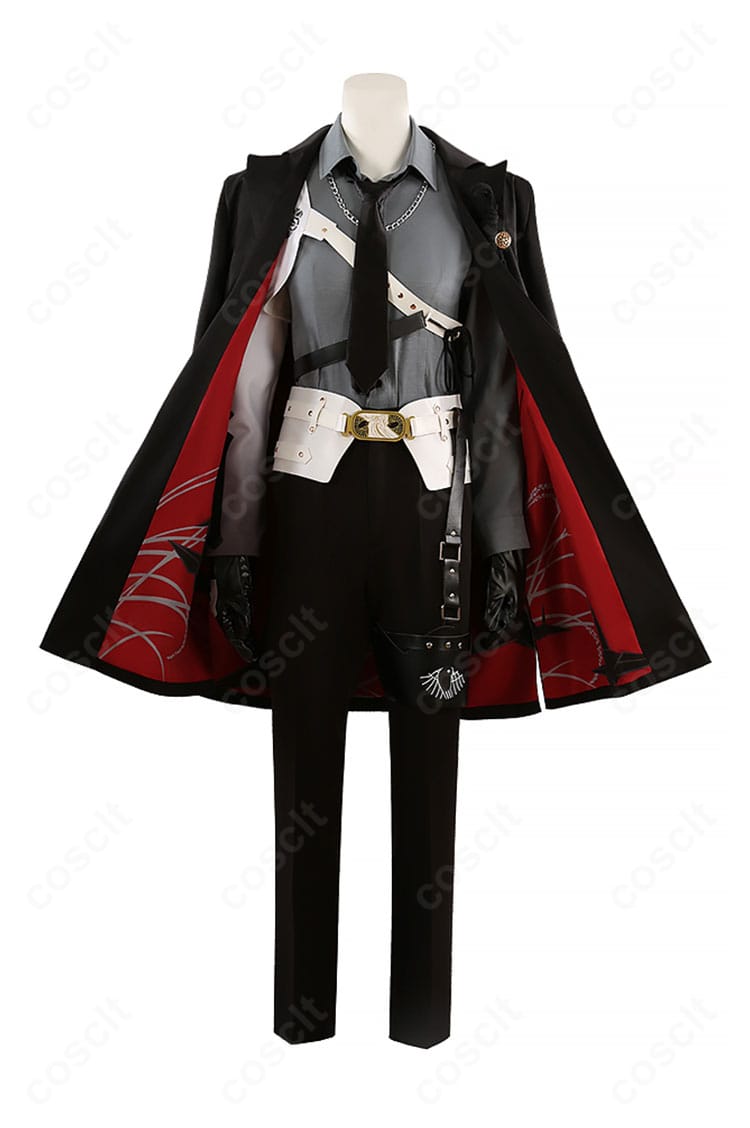正面全景。コートの落ち感とシャツ・ネクタイの配置、コルセットベルトの位置関係が分かる後家兼光コスプレ衣装。