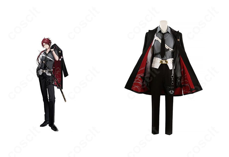 後家兼光のコスプレ衣装を正面から捉えた全身図とキャラクターイメージの合成。重厚なコートと装飾の再現度が分かる一枚。