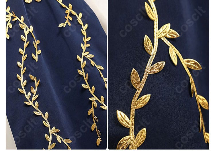 永遠の女王マリカ衣装の葉モチーフ装飾のクローズアップ。繊細な彫りとゴールド調の質感を強調。