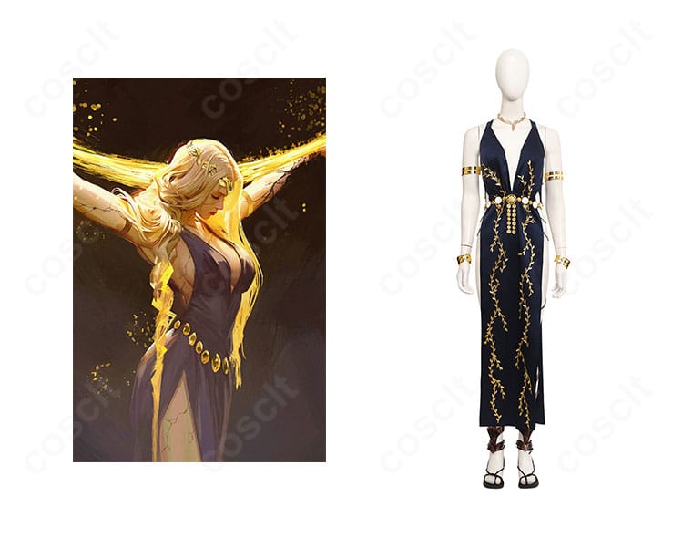 エルデンリング 永遠の女王マリカ衣装の正面全体とキャラクター比較。王冠と装飾の再現度が分かるコラボイメージ。