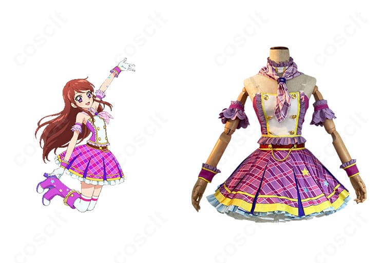 紫吹蘭のコスプレ衣装正面。スカーフ・首飾り・手袋まで揃え、アイカツ!の紫吹蘭らしいクールで上品なデザインを高再現。