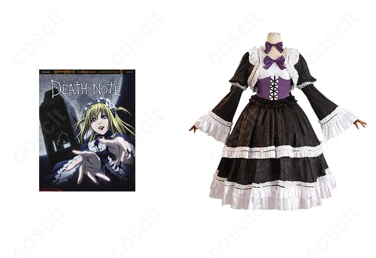 弥海砂とコスプレ衣装の正面画像。黒基調のゴシックデザインと蝶結びを忠実再現し、DEATH NOTEの世界観を表現。