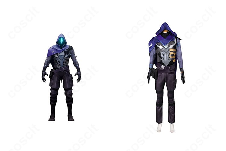 VALORANT オーメンのデフォルト衣装フルセット正面。フード付きマントと装甲風トップスの質感が分かる商品画像。