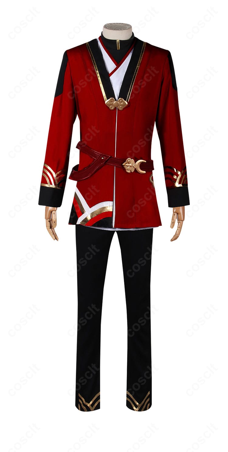 ウェイの工造司制服コスプレの正面全身。刺繍とベルト配置がわかる高再現ディテール。