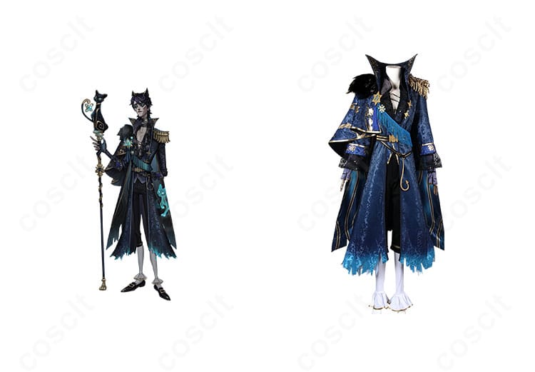 第五人格 隠者(アルヴァ・ロレンツ)衣装の正面全身と公式風ビジュアルを並置し、ゲームデザインの再現度を示す画像