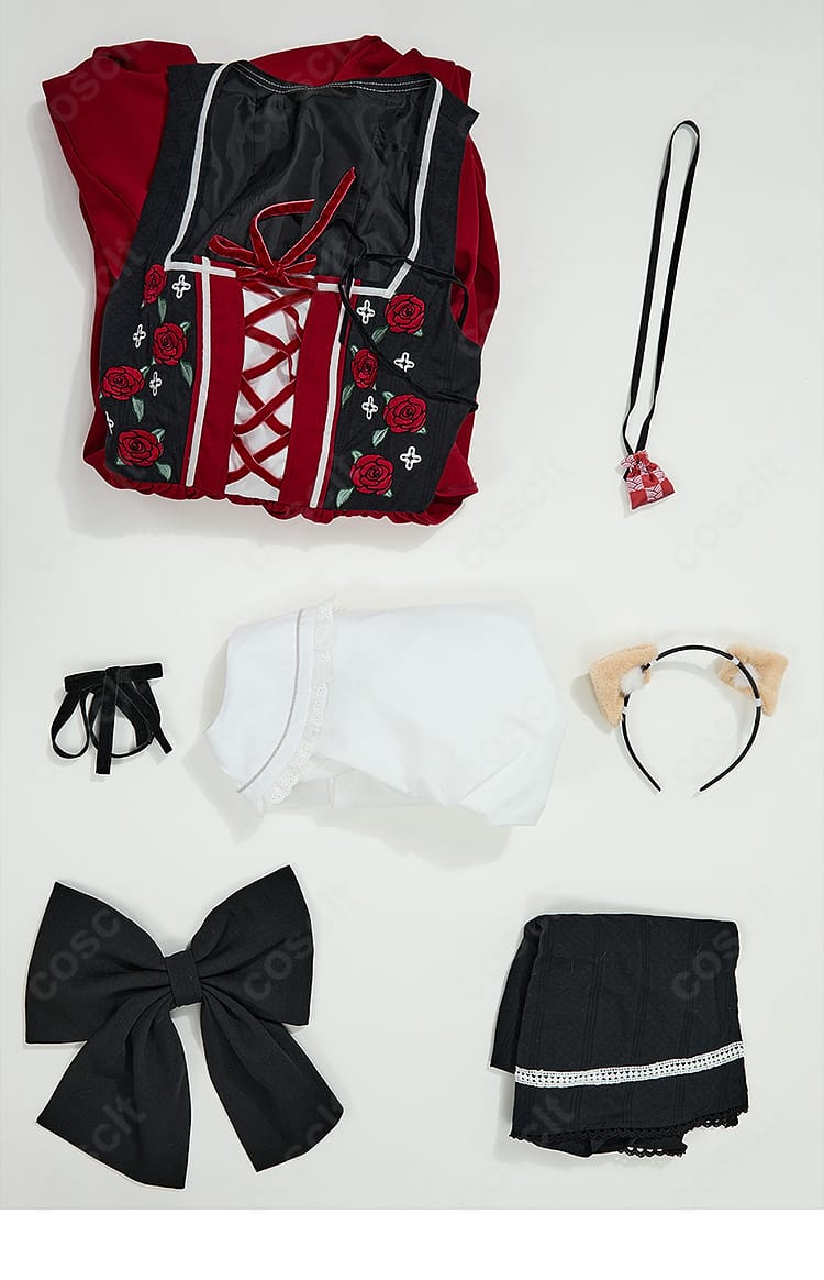 ホロ アルザス民族衣装のセット内容一式(ワンピース、シャツ、エプロン、髪飾り、尻尾、匂い袋)のレイアウト画像