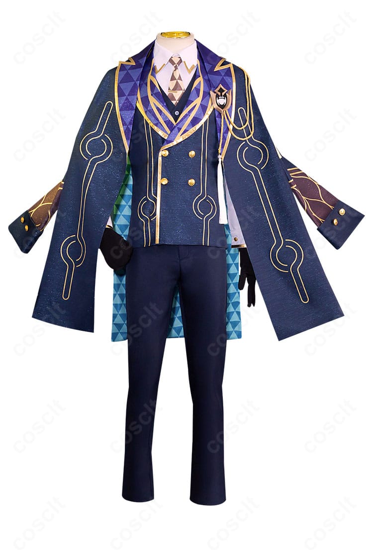 アベンチュリン衣装の正面ディテール。襟元の刺繍と胸飾り、ネクタイピンが映える高完成度のデザイン。