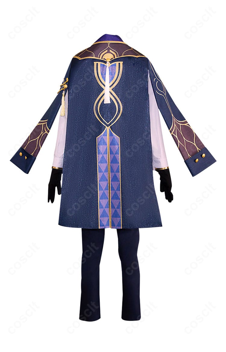 アベンチュリン衣装の背面。マントの落ち感と背面装飾を強調したカット。