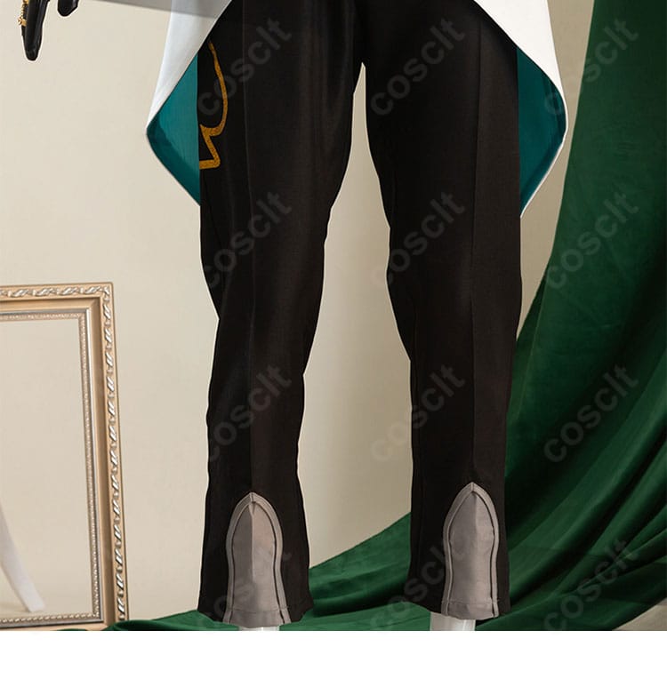 ズボンの装飾ディテール。サイドのラインと生地のハリ感を捉えた近景