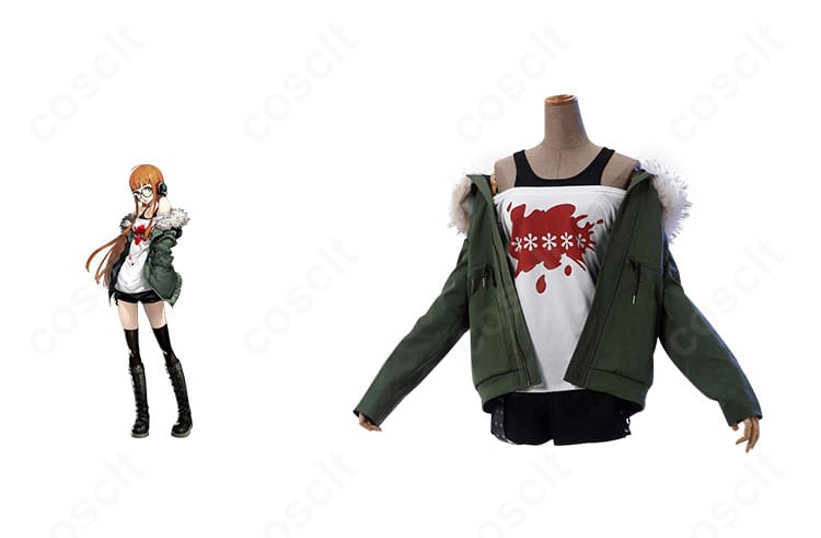 ペルソナ5 佐倉双葉の私服コスプレ衣装を正面から。キャラクター立ち絵と並び、雰囲気再現を確認できる全体画像。