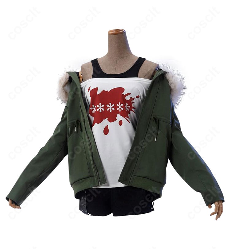 ペルソナ5 佐倉双葉 私服コスプレ衣装の前面図。コート、トップス、ショートパンツ、ベルトの配置と質感が分かる。