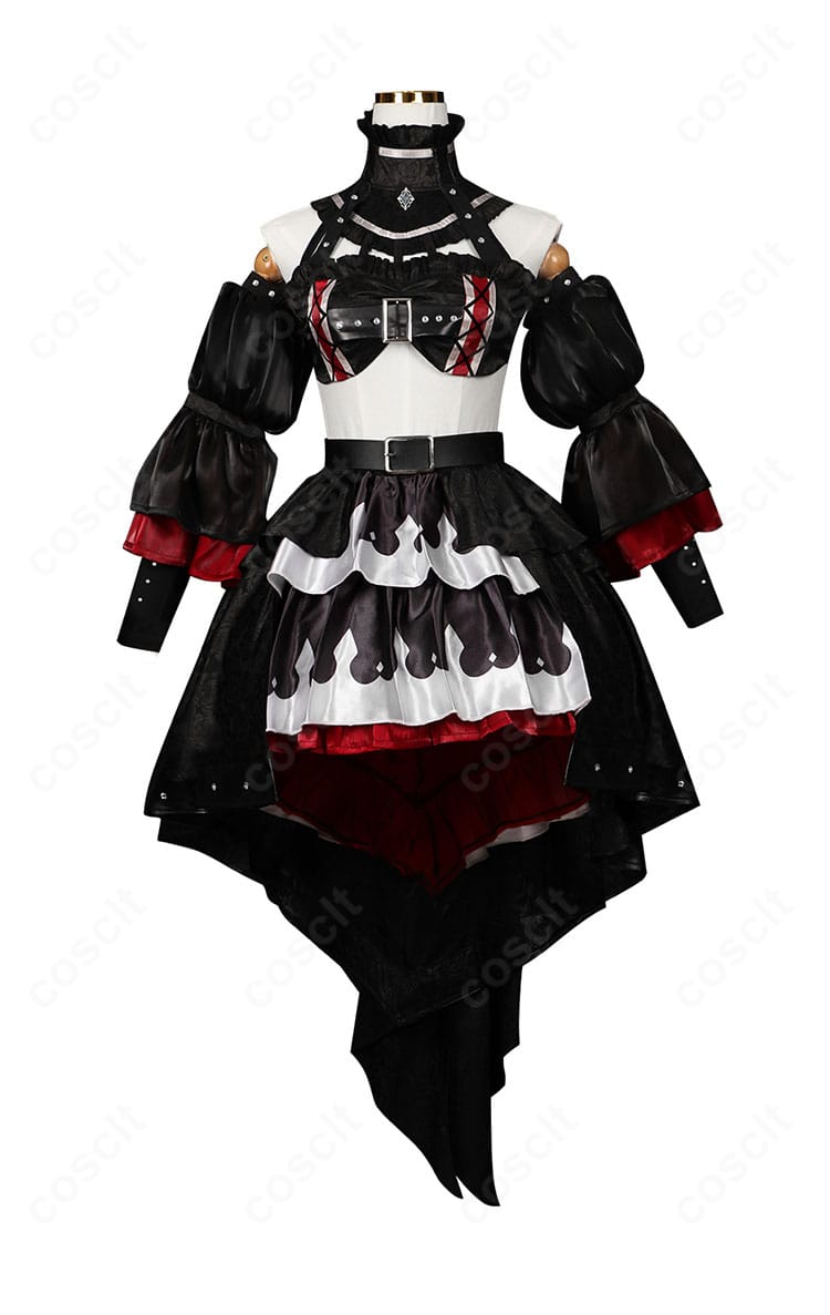 死に逝く騎士 魔王コスプレ衣装の正面詳細。襟元の宝石調パーツや胸元の切替、ウエストラインの構成が分かる