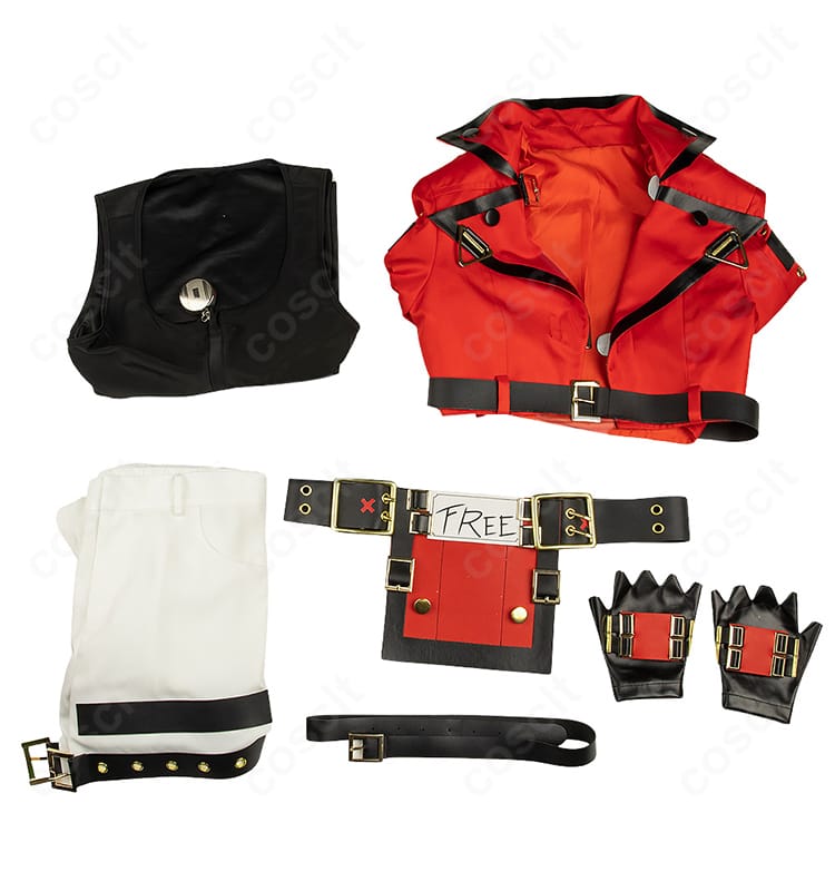 ソル=バッドガイ コスプレ衣装のセット内容一覧。コート、トップス、ズボン、ベルト、腰飾り、手袋が揃ったフルセット画像。