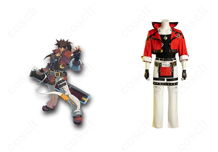 ギルティギア ストライヴのソル=バッドガイ通常衣装コスプレ一式を正面から撮影。ベルトワークと装飾まで高再現のディテールが分かる画像。