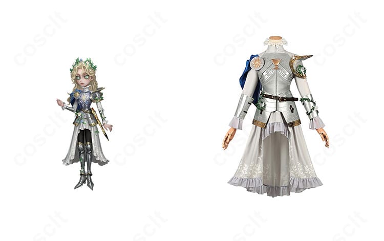 商品正面とキャラクターのコラボイメージ。第五人格 心理学者 エダ・メスマー「銀の騎士」コスプレ衣装の全体像。