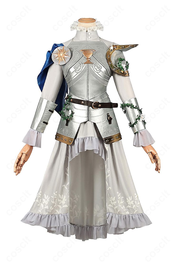 商品正面画像。銀の騎士コスプレ衣装のベストとワンピース、装飾の配置を確認。