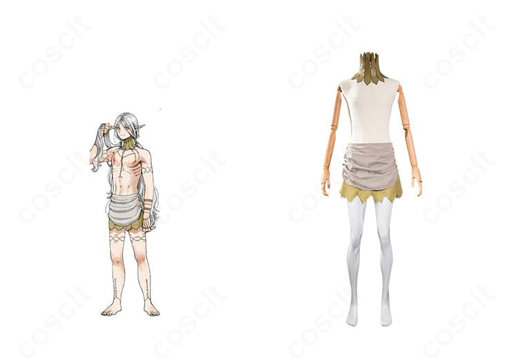 ダンジョン飯 リシオンのコスプレ衣装とキャラクター比較。高再現のアクセサリーとエルフ耳、落ち着いた色味を正面で提示