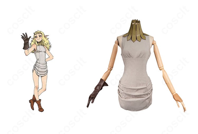 ダンジョン飯 フレキ コスプレ衣装の正面とキャラクター比較。上品な色味とワンピースのシルエットを高再現で表現