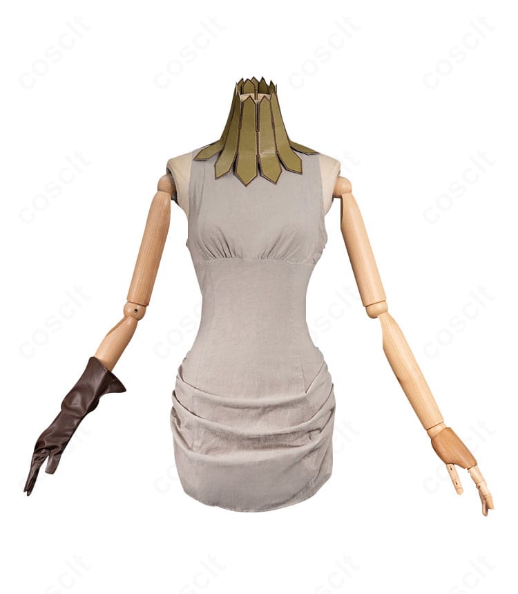 ダンジョン飯 フレキ コスプレ衣装 正面全身。ワンピースとエルフ耳のセットで落ち着いたデザインが特徴