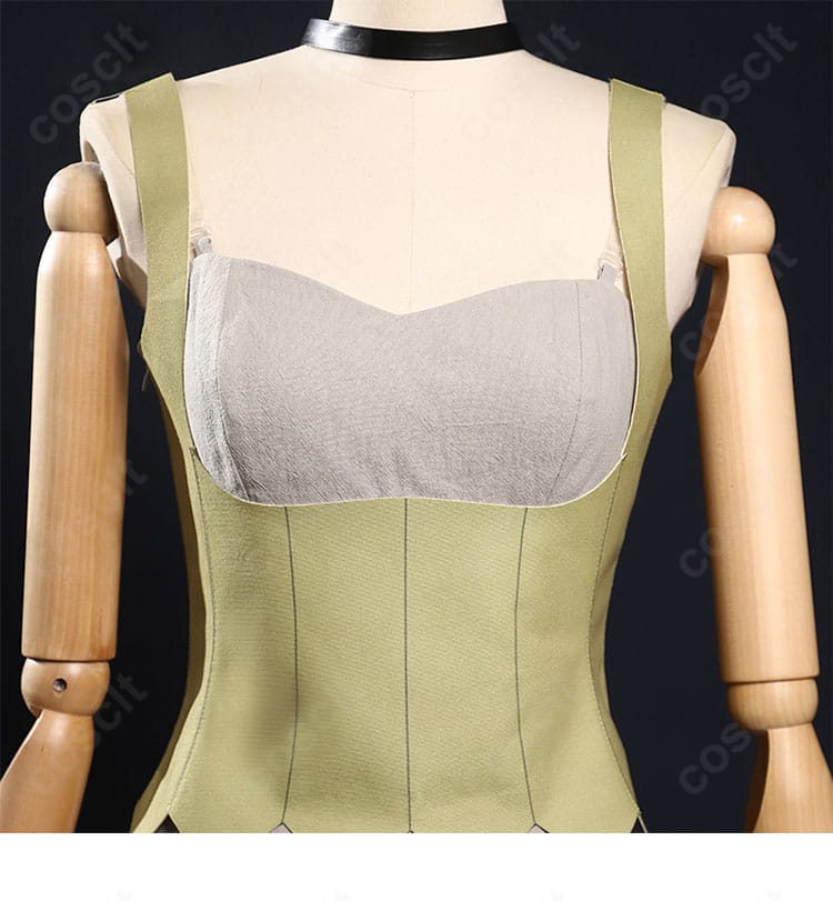 シスヒス衣装の上衣装飾アップ。胸飾りとコルセットの質感・ステッチワークが確認できる