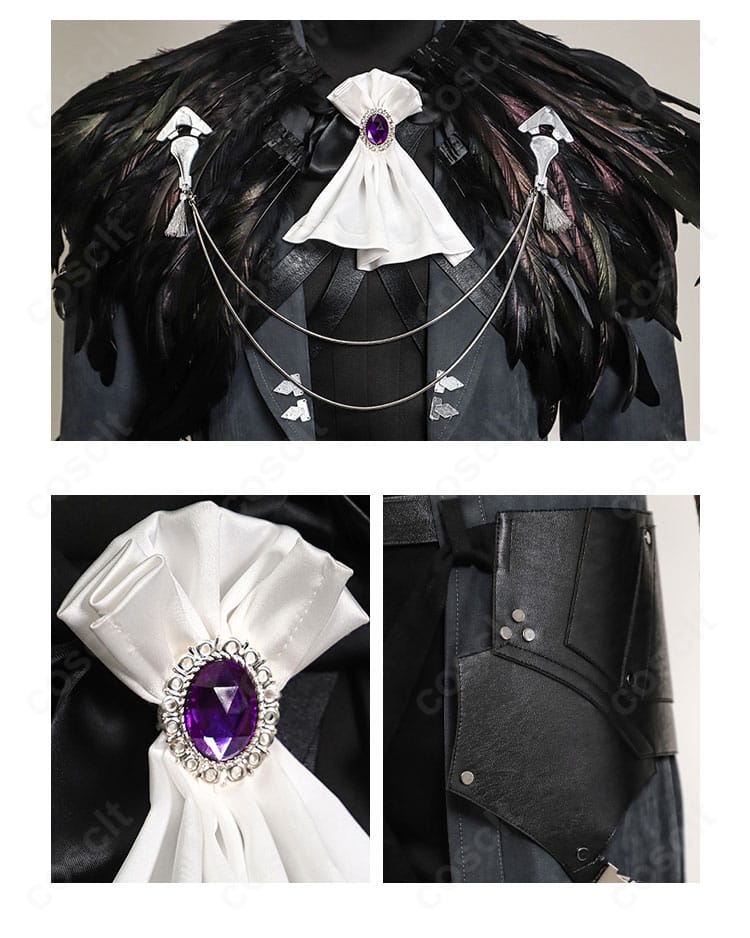 襟元・ネクタイ・ウエスト装飾のクローズアップ。セフィロスらしい雰囲気を作る要点を精密に再現。